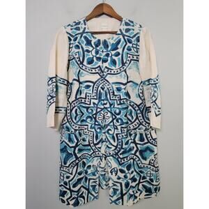 Chico’s Womens 1 (M) Artisan Printed Linen Jacket Long Sleeve Ivory Blue